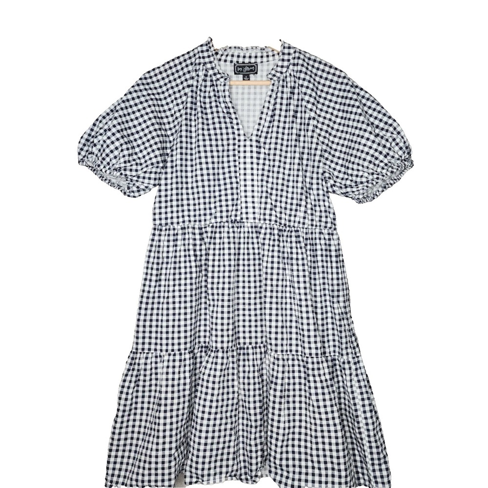 Ivy Street Womens Black Gingham Short Tiered Dress W/Puffy Short Sleeve Size S